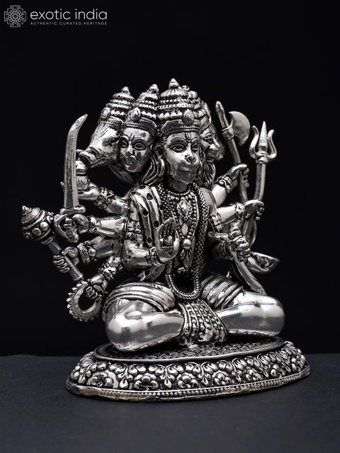 3" Small Ten Armed Panchamukhi Lord Hanuman | Silver Plated Brass Statue