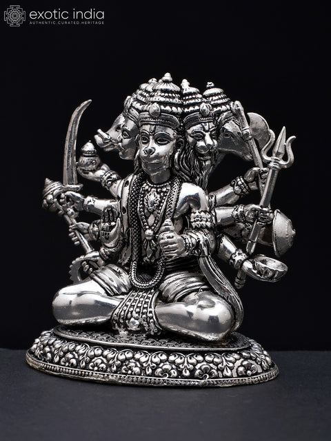 3" Small Ten Armed Panchamukhi Lord Hanuman | Silver Plated Brass Statue