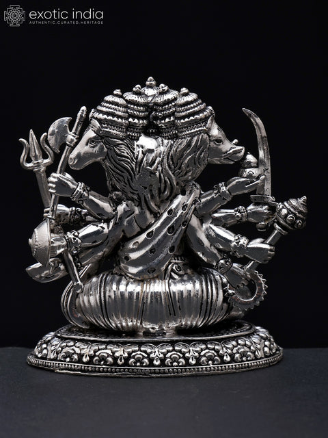 3" Small Ten Armed Panchamukhi Lord Hanuman | Silver Plated Brass Statue