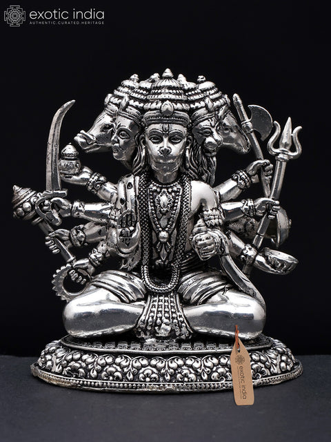 3" Small Ten Armed Panchamukhi Lord Hanuman | Silver Plated Brass Statue