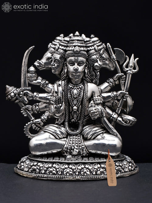3" Ten Armed Panchamukhi Hanuman Silver Plated Brass Statue