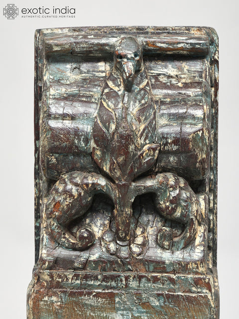16" Wood Carved Peacock on Iron Stand with Brass Bells | Decorative Showpiece