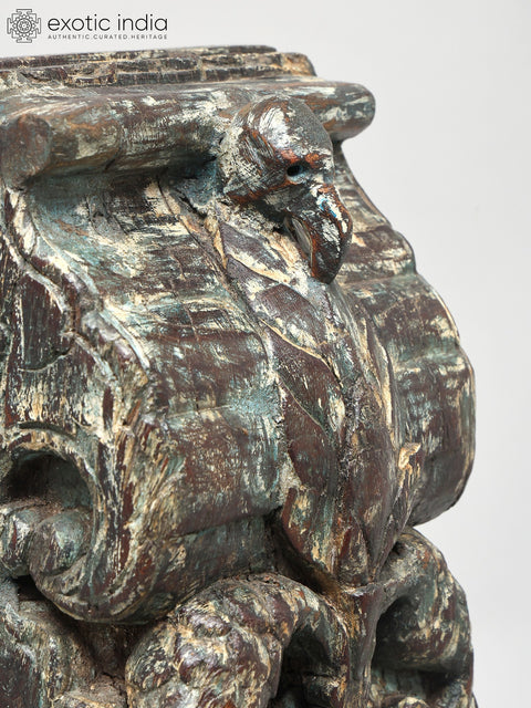 16" Wood Carved Peacock on Iron Stand with Brass Bells | Decorative Showpiece