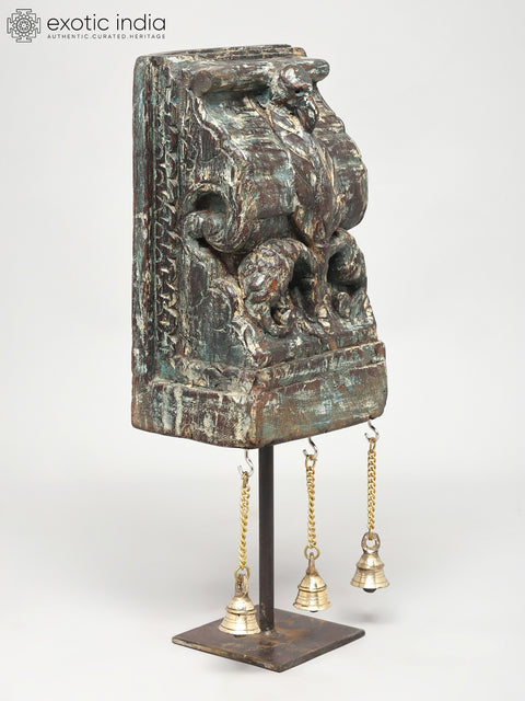 16" Wood Carved Peacock on Iron Stand with Brass Bells | Decorative Showpiece