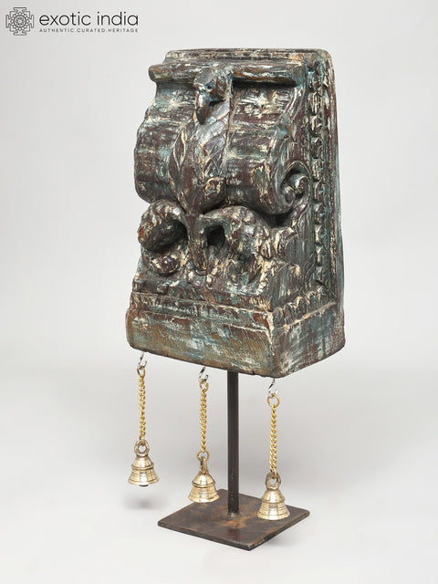 16" Wood Carved Peacock on Iron Stand with Brass Bells | Decorative Showpiece