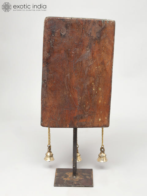 16" Wood Carved Peacock on Iron Stand with Brass Bells | Decorative Showpiece