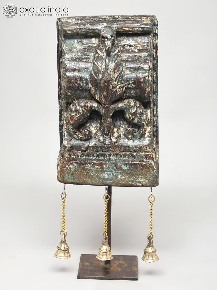16" Wood Carved Peacock Statue with Brass Bells and Iron Stand