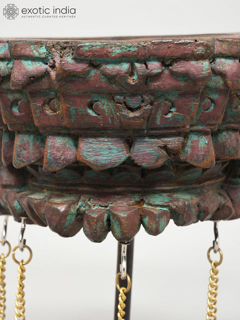 10" Wood Carved Candle Stand with Brass Bells | Home Decor