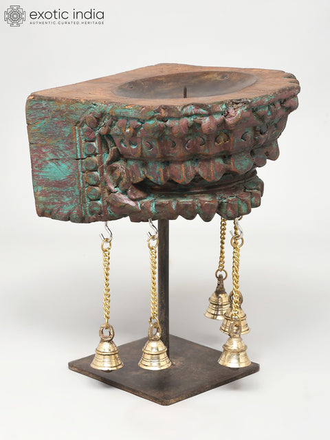 10" Wood Carved Candle Stand with Brass Bells | Home Decor