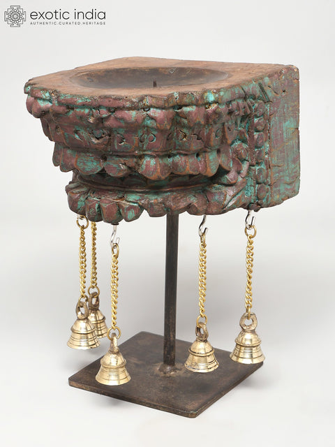 10" Wood Carved Candle Stand with Brass Bells | Home Decor