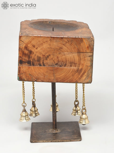 10" Wood Carved Candle Stand with Brass Bells | Home Decor