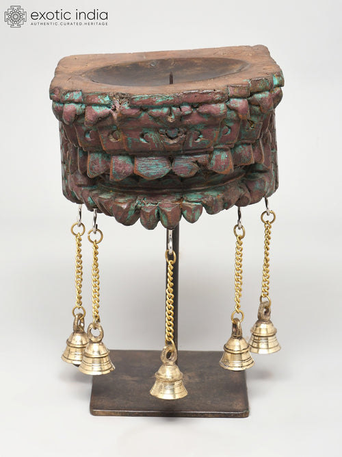 10" Wood Carved Candle Stand with Brass Bells Handmade