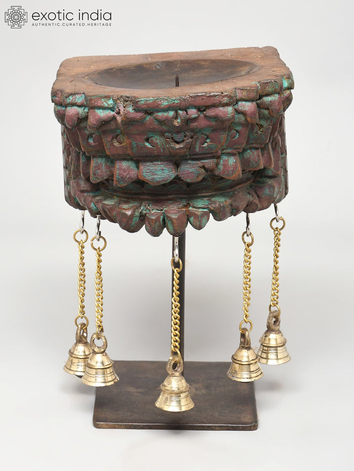 10" Wood Carved Candle Stand with Brass Bells Handmade