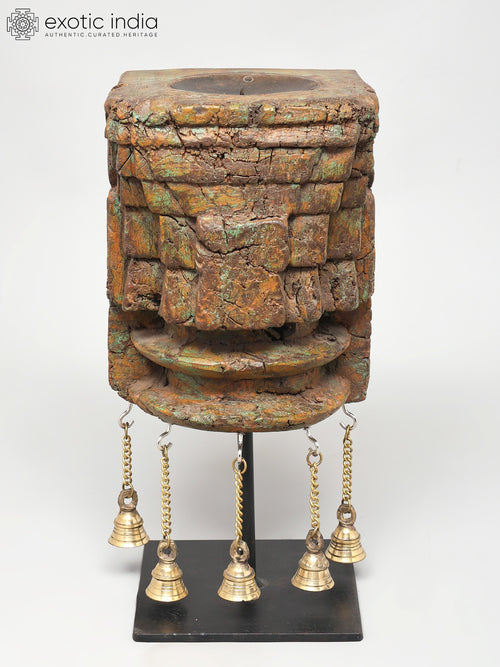 13" Wood Carved Candle Stand with Brass Bells and Iron Base
