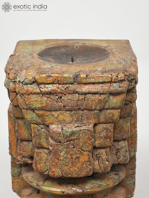 13" Wood Carved Decorative Candle Stand on Iron Base with Brass Bells | Home Decor