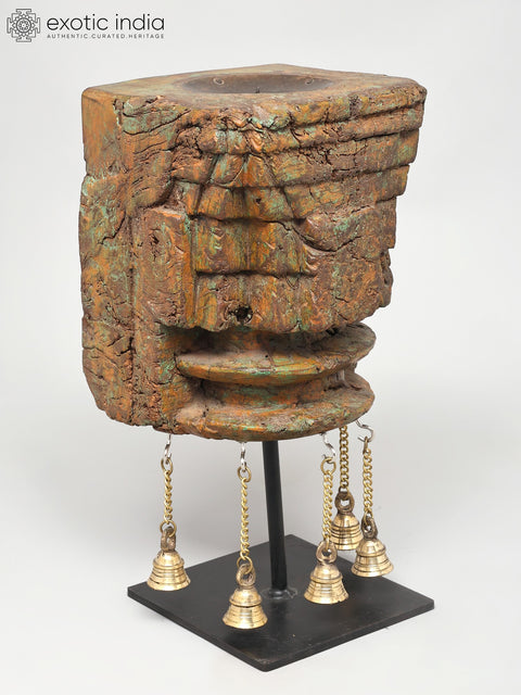 13" Wood Carved Decorative Candle Stand on Iron Base with Brass Bells | Home Decor