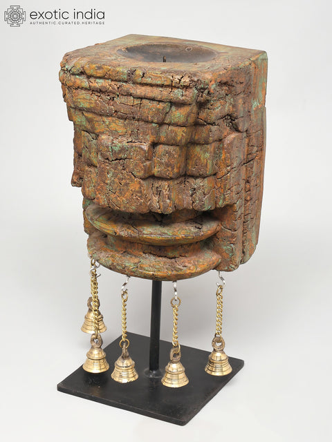 13" Wood Carved Decorative Candle Stand on Iron Base with Brass Bells | Home Decor
