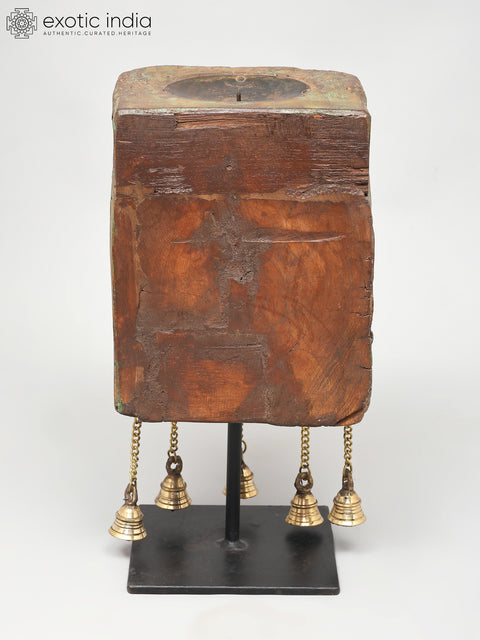 13" Wood Carved Decorative Candle Stand on Iron Base with Brass Bells | Home Decor