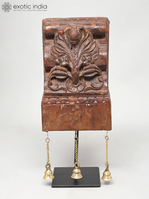 16" Wood Carved Designer Showpiece with Brass Bells and Iron Stand