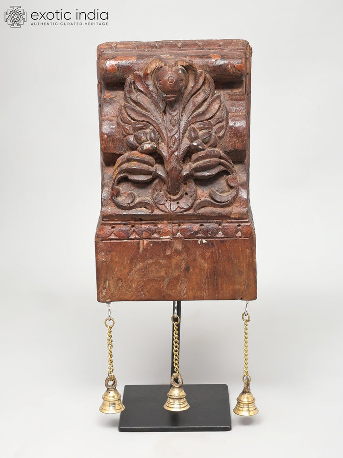 16" Wood Carved Designer Showpiece with Brass Bells and Iron Stand