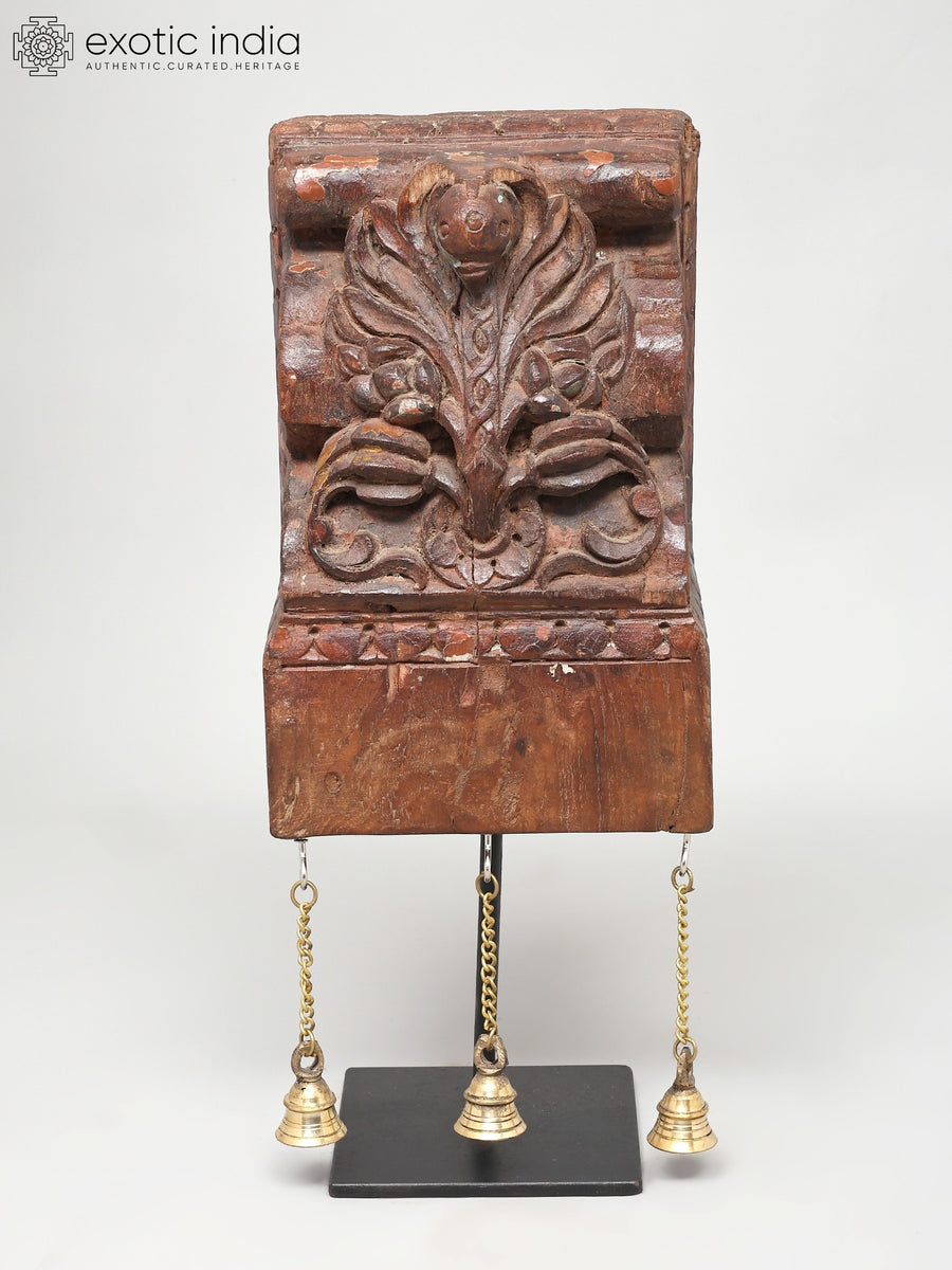 16" Wood Carved Designer Showpiece with Brass Bells and Iron Stand