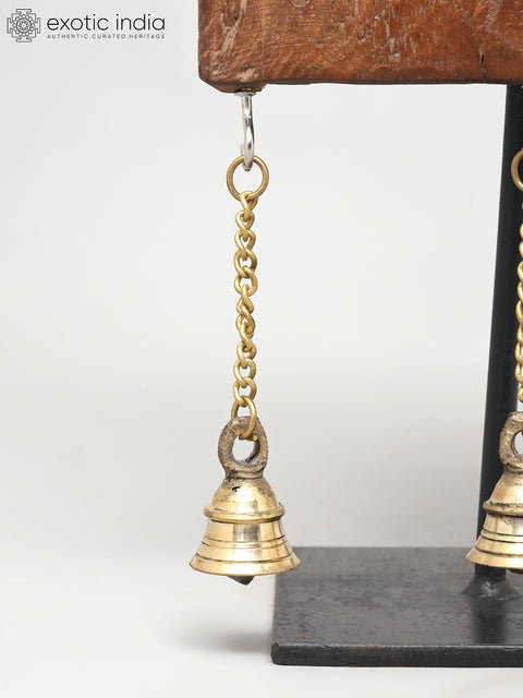 16" Wood Carved Designer Showpiece on Iron Stand with Brass Bells | Table Decor
