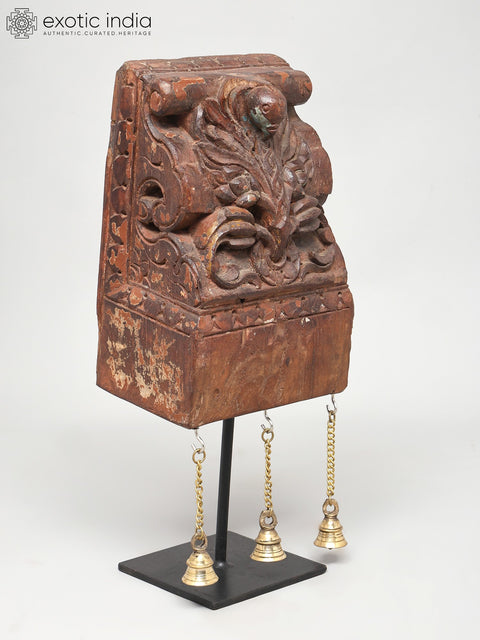 16" Wood Carved Designer Showpiece on Iron Stand with Brass Bells | Table Decor
