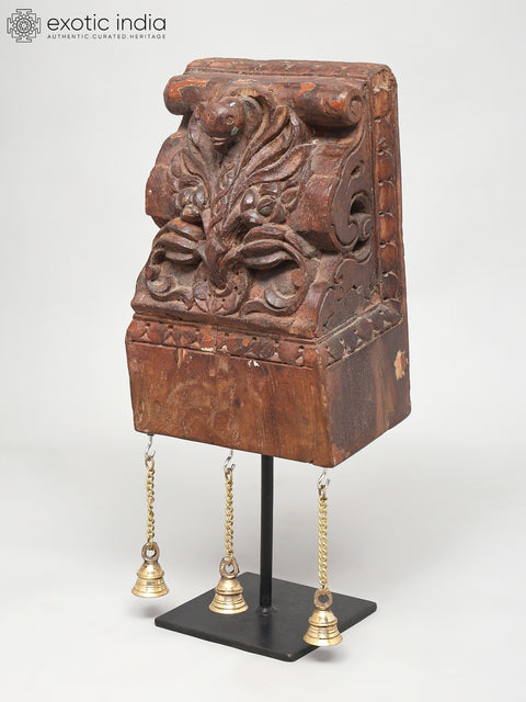 16" Wood Carved Designer Showpiece on Iron Stand with Brass Bells | Table Decor