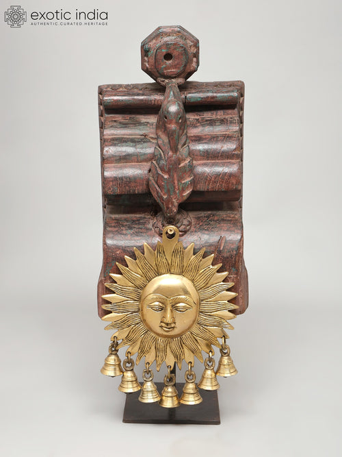20" Brass Sun Statue with Bells on Wood Base for Home Decor