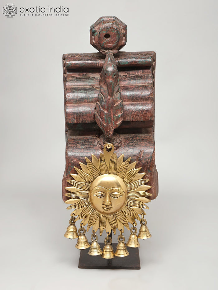 20" Brass Sun Statue with Bells on Wood Base for Home Decor
