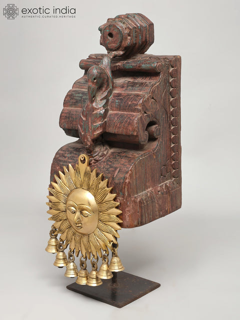 20" Hanging Sun in Brass with Bells on Wood Base | Decorative Table Piece
