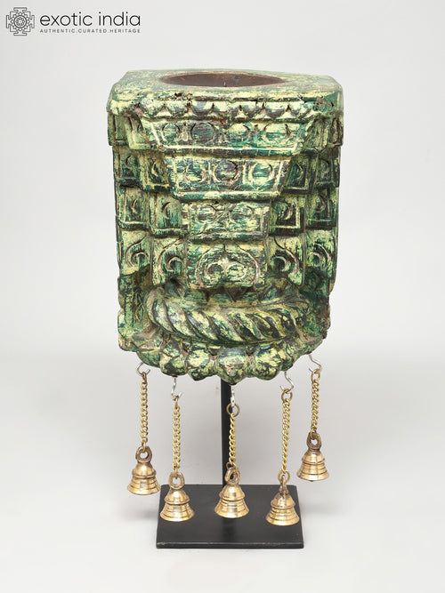15" Wood Carved Candle Stand with Brass Bells for Home Decor