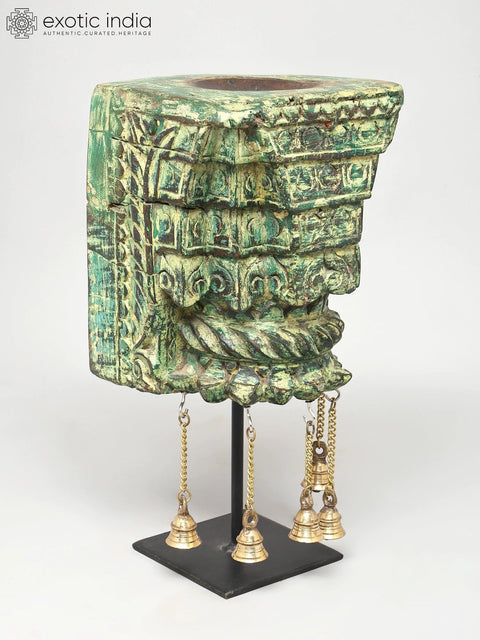 15" Wood Carved Designer Candle Stand with Brass Bells | Home Decor