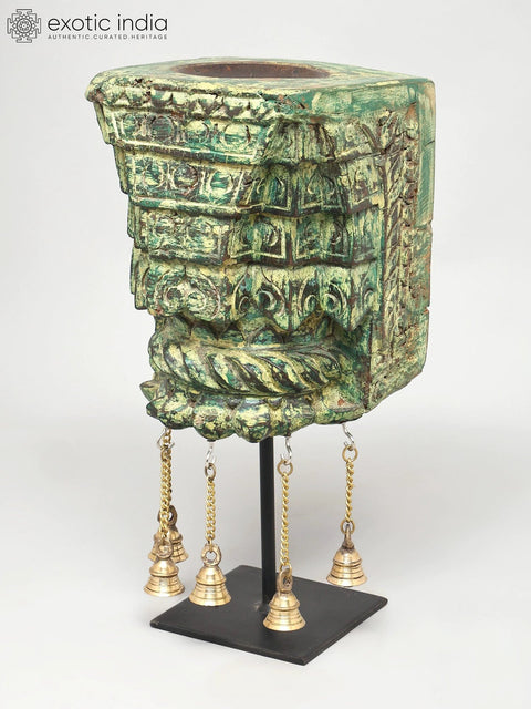 15" Wood Carved Designer Candle Stand with Brass Bells | Home Decor