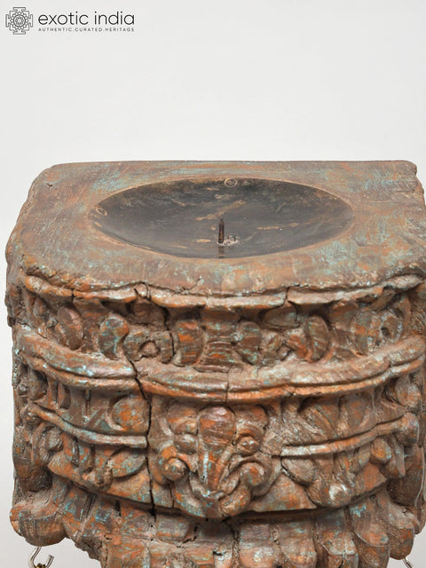 12" Wood Carved Stylish Candle Stand with Brass Bells | Home Decor