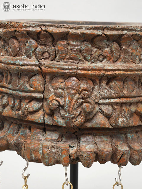 12" Wood Carved Stylish Candle Stand with Brass Bells | Home Decor