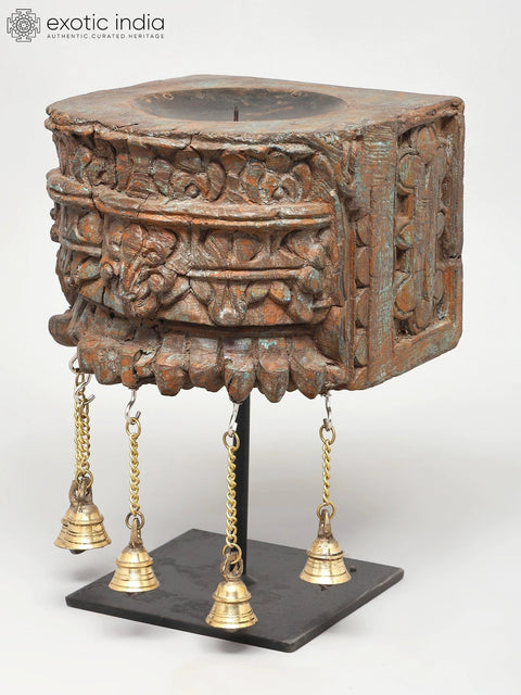 12" Wood Carved Stylish Candle Stand with Brass Bells | Home Decor