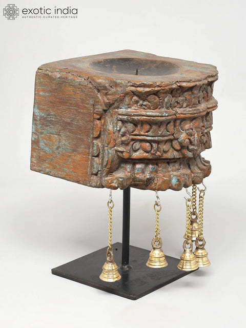 12" Wood Carved Stylish Candle Stand with Brass Bells | Home Decor