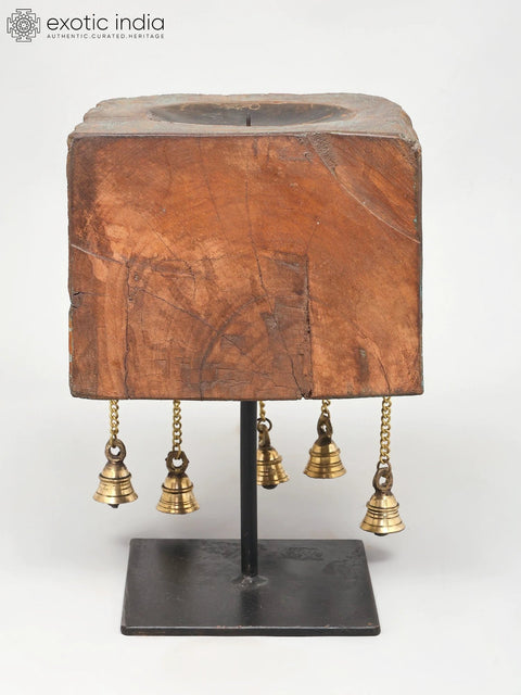 12" Wood Carved Stylish Candle Stand with Brass Bells | Home Decor