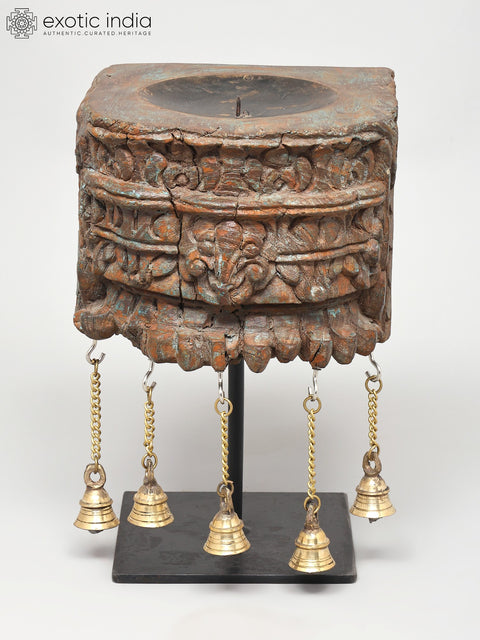 12" Wood Carved Stylish Candle Stand with Brass Bells | Home Decor