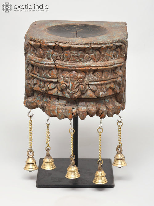12" Wood Carved Candle Stand with Brass Bells Home Decor