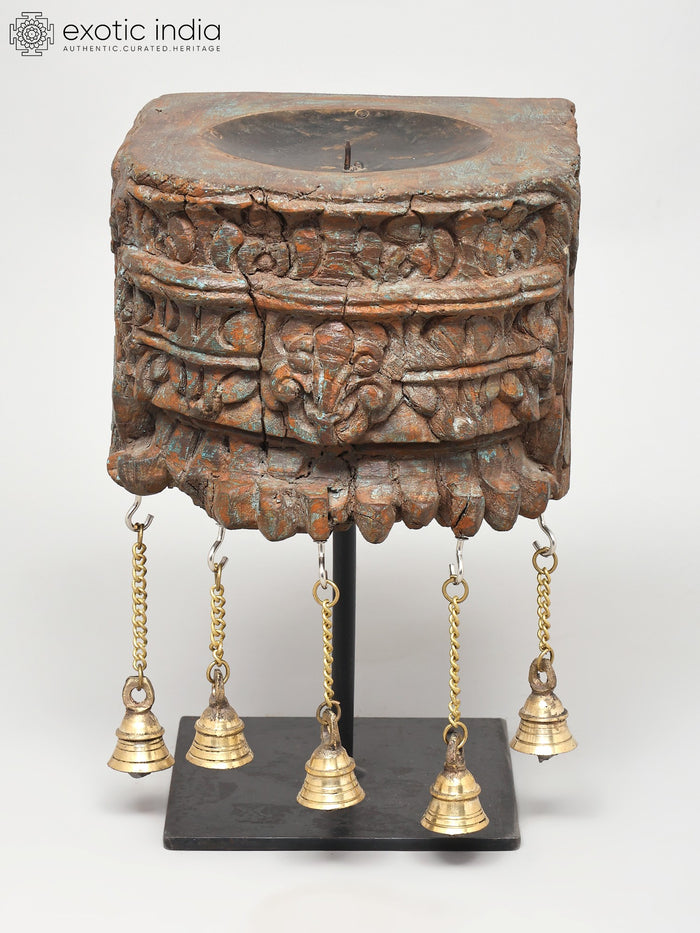 12" Wood Carved Candle Stand with Brass Bells Home Decor