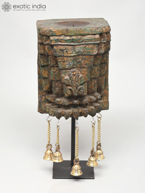 14" Wood Carved Vintage Candle Stand with Bells for Home Decor