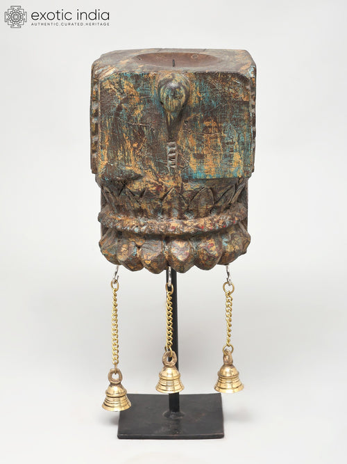 14" Wooden Candle Stand with Brass Bells Handmade Home Decor