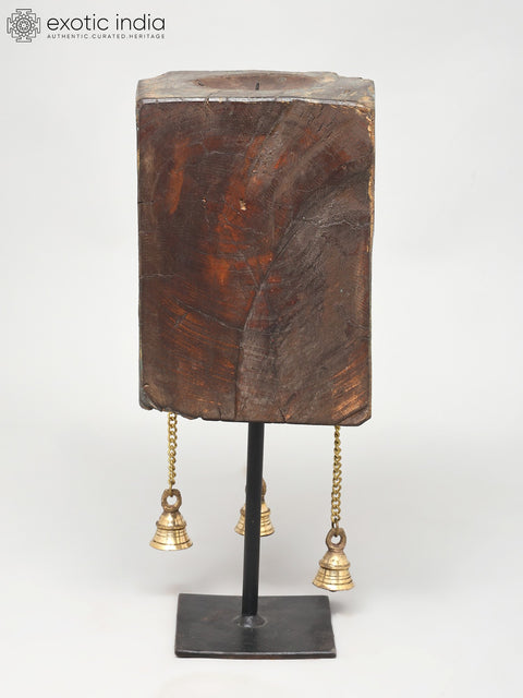 14" Hand-Carved Wooden Candle Stand with Brass Bells | Home Decor