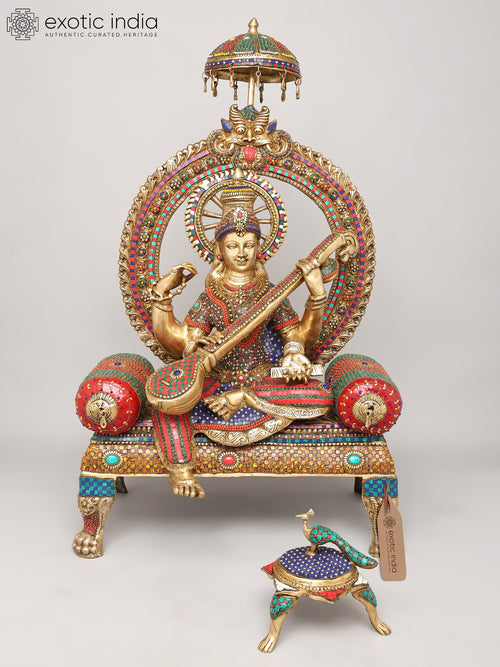 47" Four Armed Saraswati Brass Statue with Kirtimukha Throne and Inlay Work
