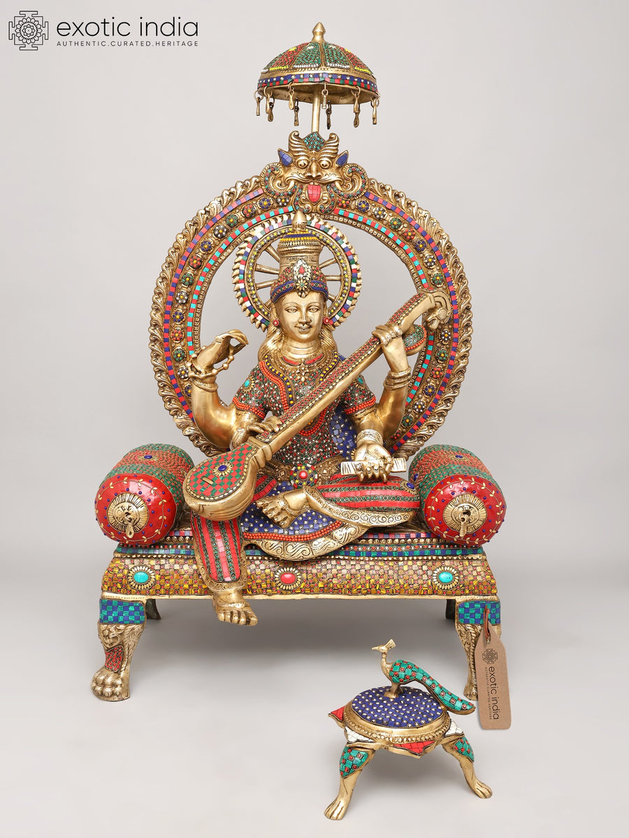 47" Four Armed Saraswati Brass Statue with Kirtimukha Throne and Inlay Work