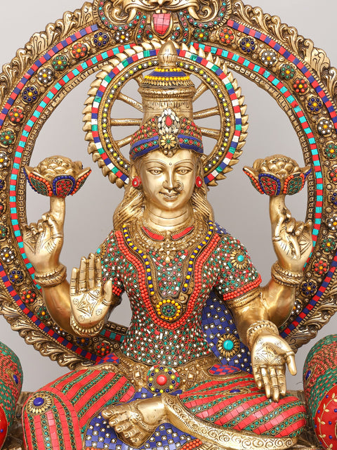 47" Large Four Armed Blessing Goddess Lakshmi Seated on Kirtimukha Throne with Elephant on Three Legged Pedestal | Brass Statue with Inlay Work