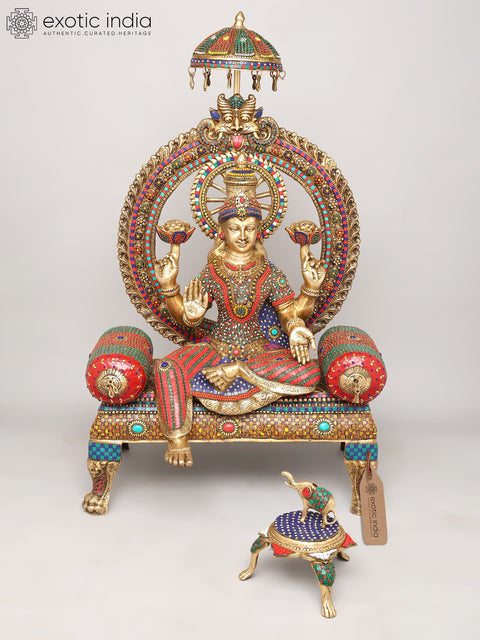 47" Large Four Armed Blessing Goddess Lakshmi Seated on Kirtimukha Throne with Elephant on Three Legged Pedestal | Brass Statue with Inlay Work