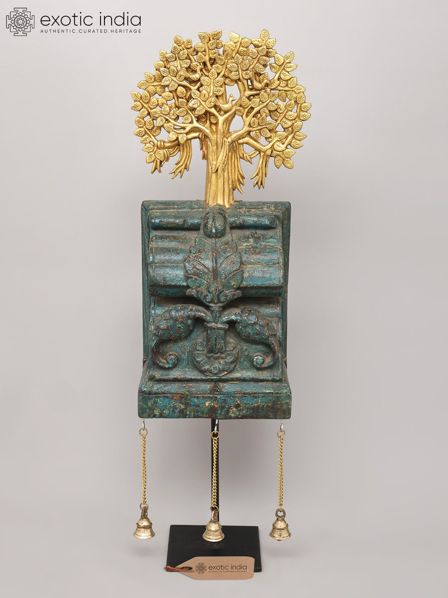 27" Wooden Tree of Life Showpiece with Brass Details and Hanging Bells